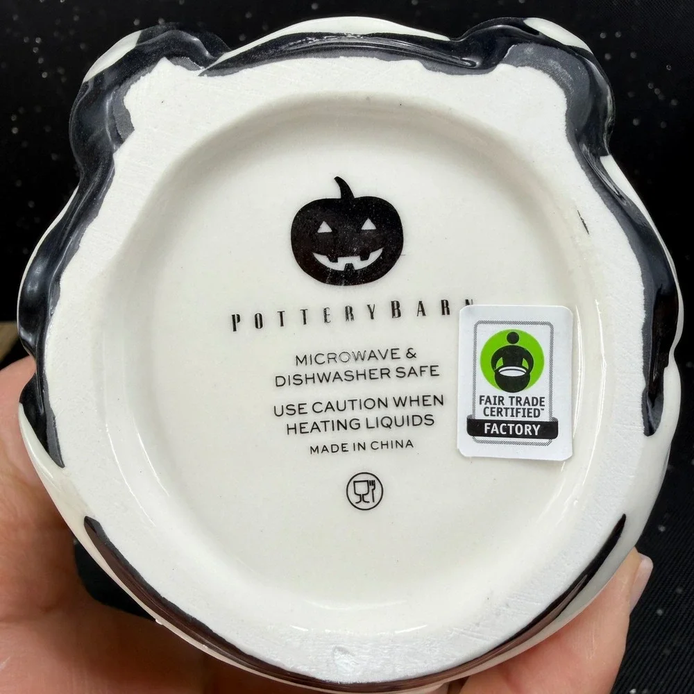 Pottery Barn Skeleton Mugs Set of 2 Black White Ceramic Halloween Coffee Cups